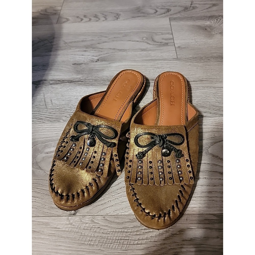 Coach Roccasin Slide Loafer Womens Size 9.5 Gold Leather Fringe